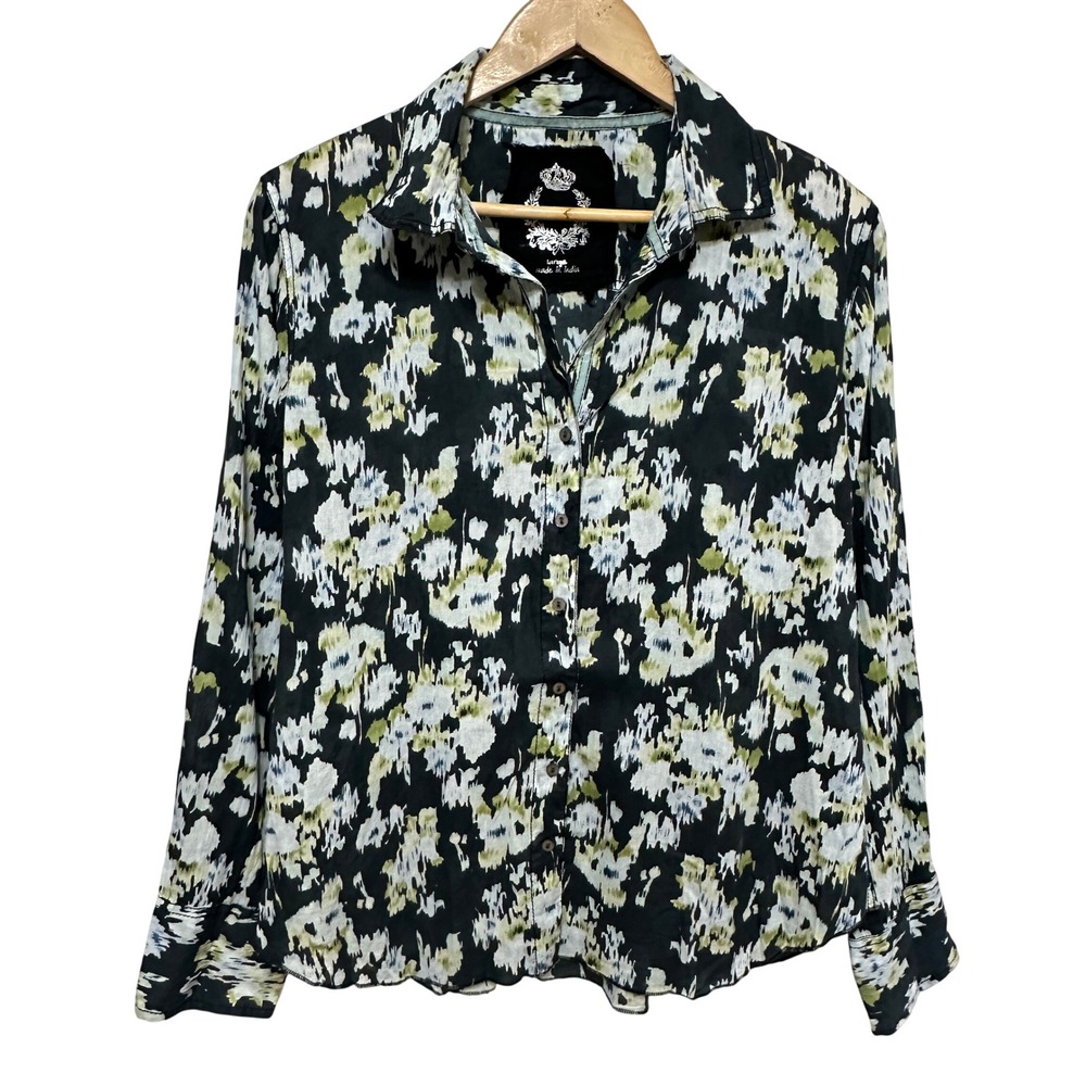Cino Floral Button Up Shirt Womens Large Roll Tab Sleeve Cotton Boho Casual